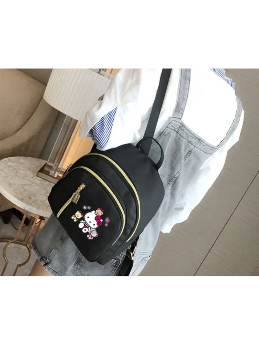 Hello Kitty Mini Backpack – Sanrio Style Black Nylon Backpack with Gold Zippers